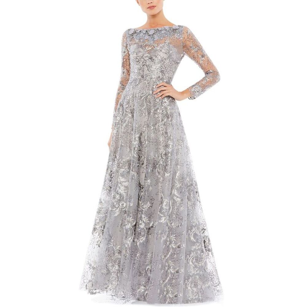 Mac Duggal Womens Floral Embroidered Illusion Long Sleeve Gown, Grey